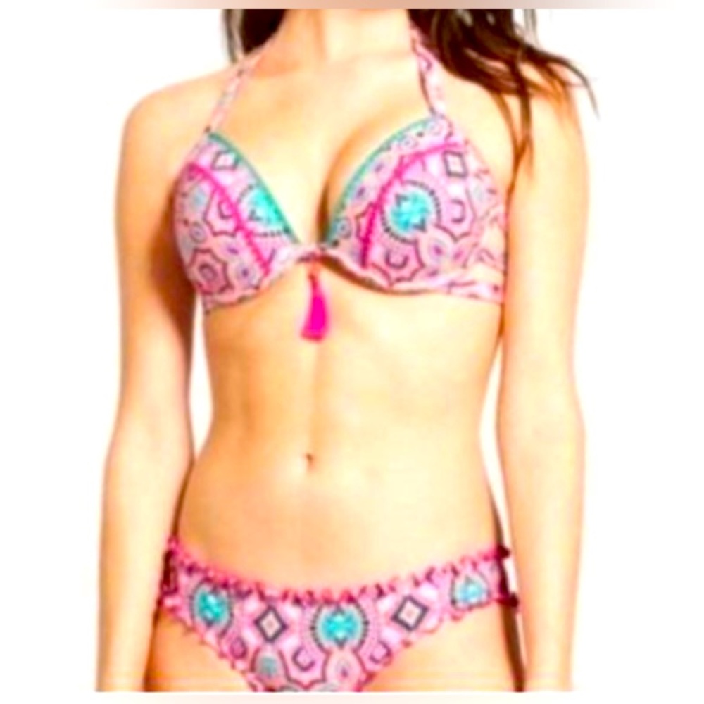 Women's Wave Ruffle Cheeky Bikini Bottom & Lift Bikini tassel Top Coral Pink